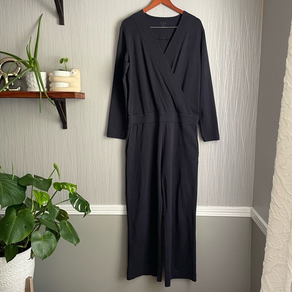 COS navy blue jersey knit faux wrap jumpsuit size large - Picture 2 of 11